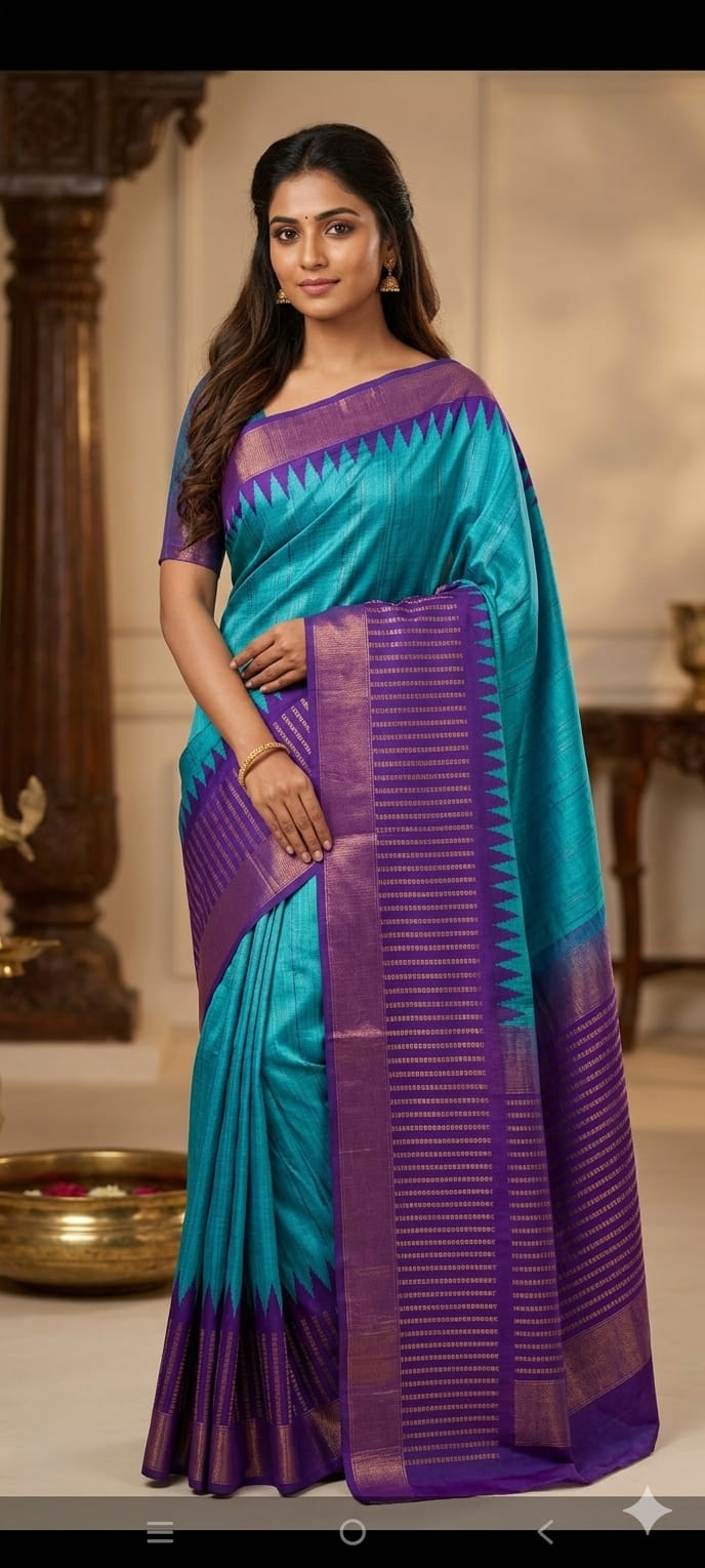 Temple Border Raw pattern and  pallu with contrast blouse saree